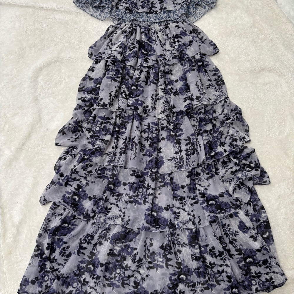 Misa Los Angeles Strapless Dress in Blue and White